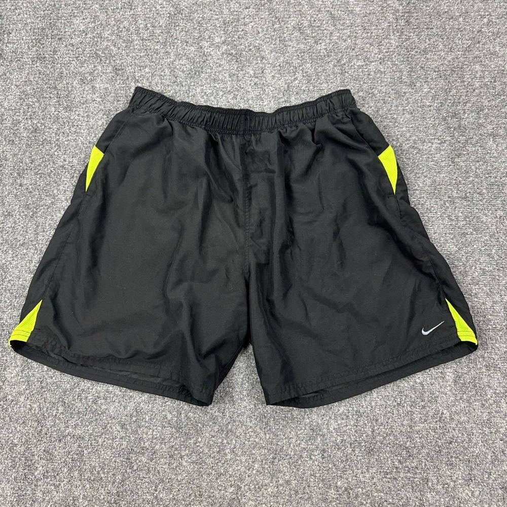 Nike Swim Shorts Mens XL Black Yellow Drawstring Lined‎ Trunks Pockets NESS7420
